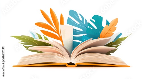 Open Book Surrounded By Lush Tropical Leaves