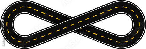 Curved graphic path, shaped like a paved street with dashed line as surface marking for traffic signage on the road, with a looped infinity shape