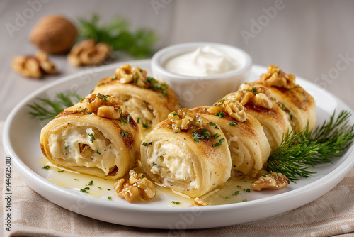 Slovenian Štruklji Rolls with Creamy Cottage Cheese and Walnut Sauce