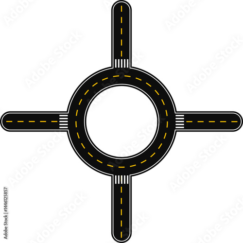Street with dashed line as a signage mark and pedestrian crossing, forming a roundabout with four exit streets