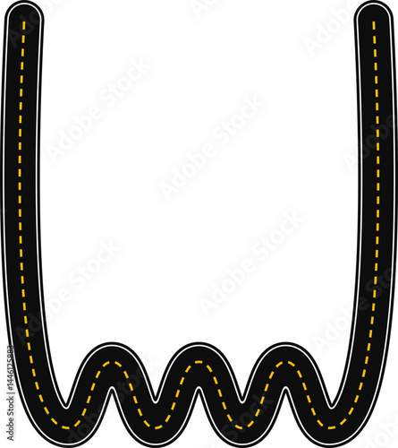 Wavy graphic line with two straight ends, in the shape of paved street with dashed line as surface marking for traffic signage on the road, to highlight information in the drawing