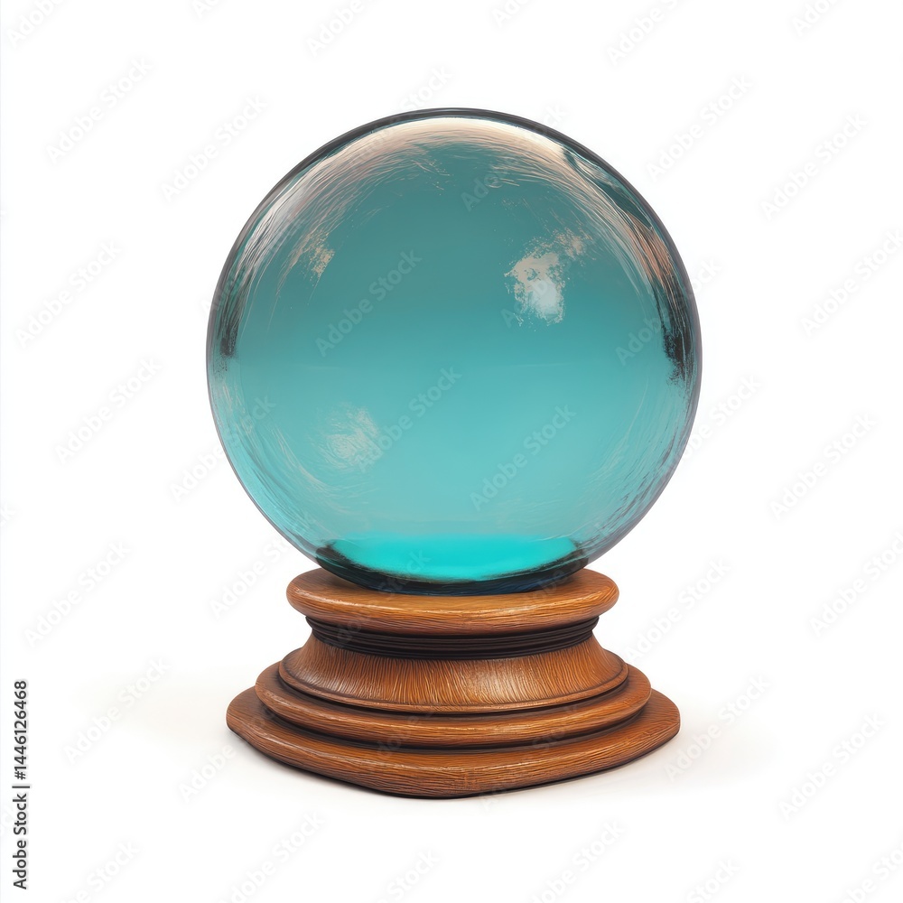 Turquoise glass crystal ball rests on a wooden pedestal. Turquoise glass crystal ball rests on a wooden pedestal.
