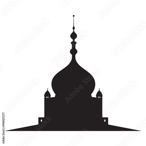 Silhouette of a mosque with a prominent dome and minaret