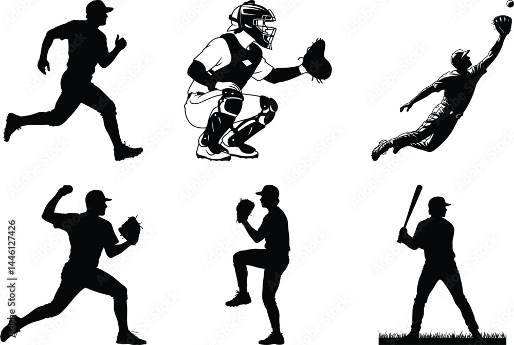 Obraz premium Baseball Silhouette Bundle of Baseball Players Vector Art for Sports and White Background.