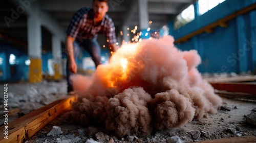 Man igniting an explosive device with sparks and smoke at construction site with wooden beams and rubble