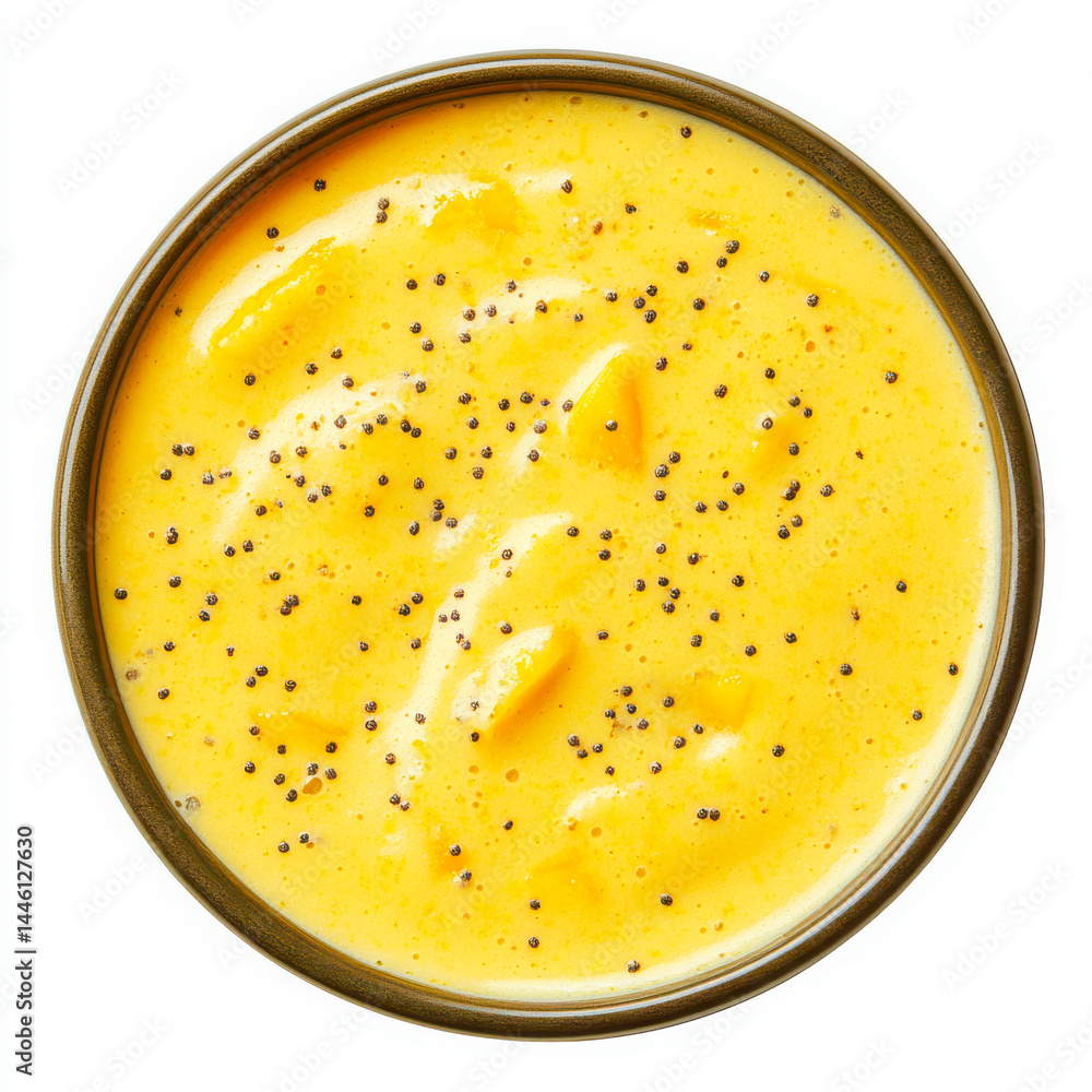Mango soup with seeds in bowl on white background Mango soup with seeds in bowl on white background