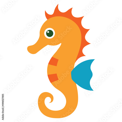 Cartoon orange seahorse with blue fin simple vector illustration design