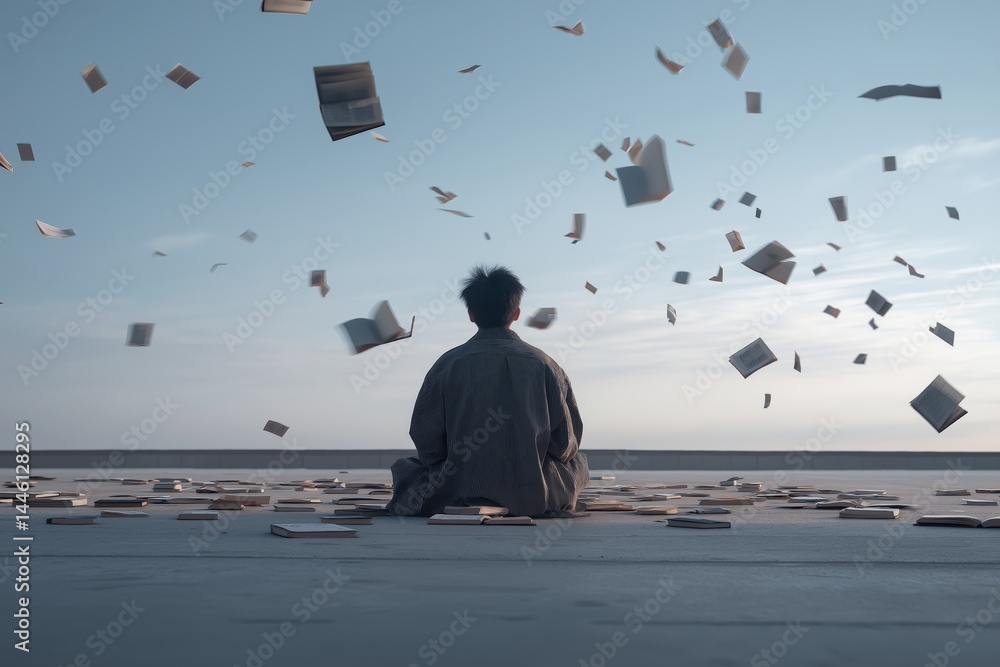 Student Surrounded by Floating Books