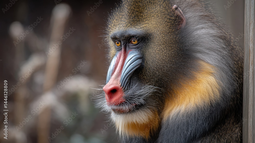 Fototapeta premium Majestic Mandrill Portrait: Intense Gaze, Vibrant Colors, Close-Up