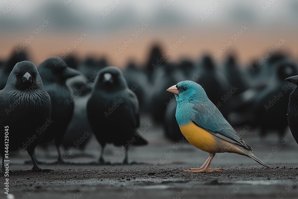 Gouldian Finch Surrounded by Crows