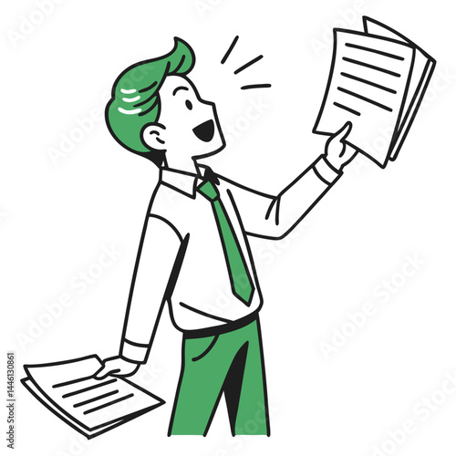 Delighted Man in Green Outfit Holds Documents, Smiling Expressively, Outline
