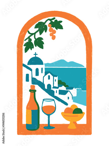 Greek island seascape through window, flat cartoon vector style