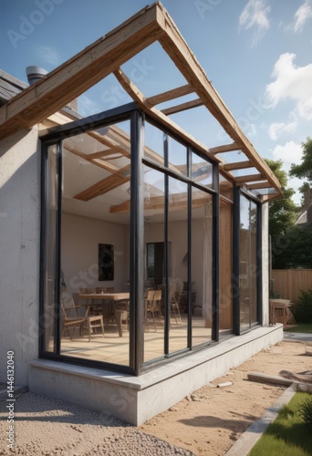 Modern home extension framing, new windows, roof work, modern house, equipment, home renovation