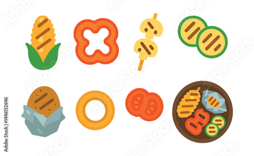 Flat vector icons of grilled vegetables and sides: corn on cob, bell pepper slice, mushroom skewer, zucchini rounds, baked potato foil, grilled onion ring, tomato halves, BBQ vegetable platter.