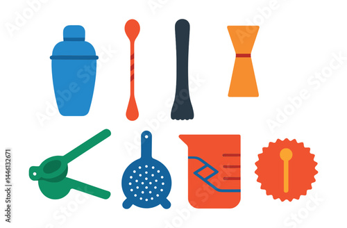 Flat vector icons of cocktail preparation tools: cocktail shaker icon, bar spoon, muddler tool, jigger with measurements, citrus press, strainer tool, mixing glass, stir stick badge.