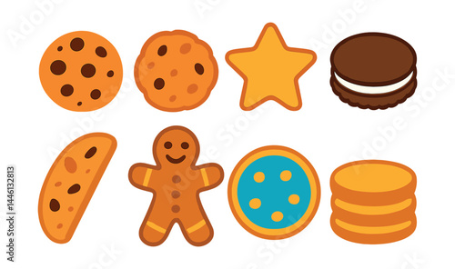 Flat vector icons of cookies and biscuits: chocolate chip cookie, oatmeal raisin cookie, shortbread star, sandwich cookie, biscotti slice, gingerbread man, sugar cookie with icing, cookie stack.