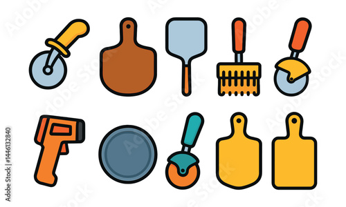 Flat vector icons of pizza tools and utensils: pizza cutter wheel, wooden pizza peel, pizza oven spatula, dough docker, infrared oven thermometer, metal tray icon, slicer with handle, serving board.