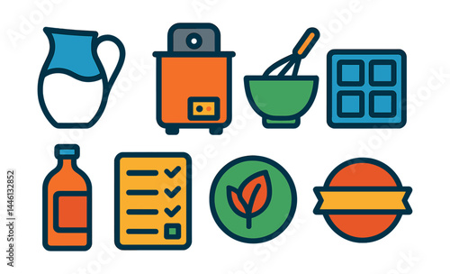 Flat vector icons of artisanal ice cream making: fresh milk jug, ice cream churner, mixing bowl with whisk, freezing tray icon, flavor infusion bottle, batch log sheet, natural ingredients badge,