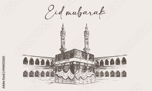 Eid Mubarak greeting card design. Mecca kaaba hand sketch design for fashion, top, dress, graphics, slogan tee, posters and others.