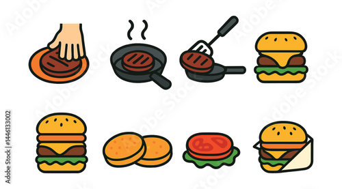 Flat vector icons of burger preparation steps: forming meat patty, grilling burger on pan, flipping with spatula, melting cheese on top, assembling burger layers, toasting buns, adding toppings,