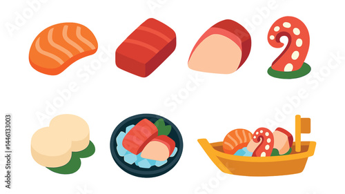 Flat vector icons of sashimi selections: salmon sashimi slice, tuna sashimi piece, yellowtail cut, octopus sashimi curl, scallop sashimi, mackerel slice, sashimi on ice plate, assorted sashimi boat.