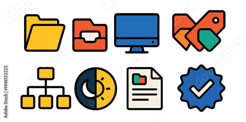 Flat vector icons of digital workspace organization: project folders, asset library icon, clean desktop icon, tag filter icon, folder hierarchy tree, workspace theme toggle, naming convention guide,