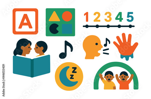 Flat vector icons of early childhood education: alphabet block, color shape puzzle, number line icon, story time book, sing-along icon, hand painting symbol, nap time badge, play and learn activity.