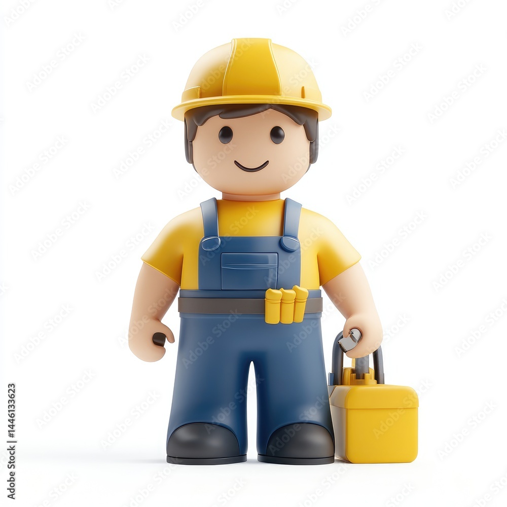 Cheerful cartoon construction worker holds toolbox. Cheerful cartoon construction worker holds toolbox.