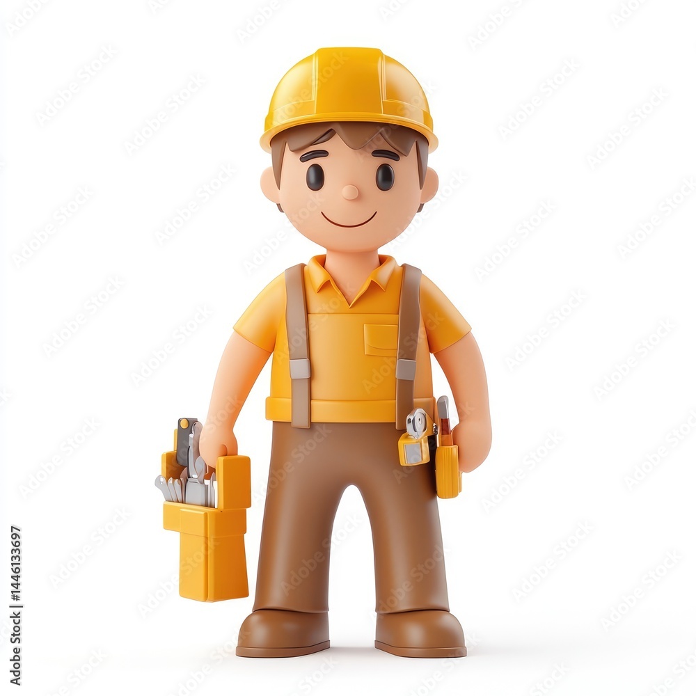 Cheerful construction worker figure holds tools. Cheerful construction worker figure holds tools.