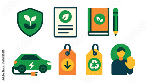 Flat vector icons of corporate sustainability programs: green company badge, ESG report icon, eco-friendly office supplies, remote work to reduce emissions, electric fleet icon, low carbon product