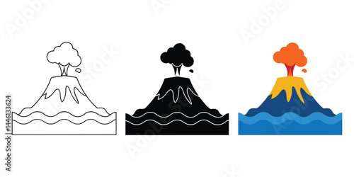 Volcano eruption cartoon drawing with outline silhouette and colored version illustration