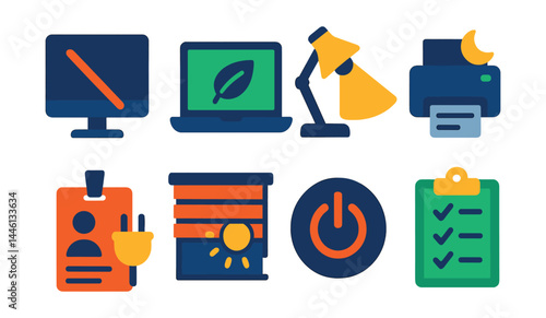 Flat vector icons of office and work energy saving: screen off icon, laptop eco mode, task light use, printer sleep mode, unplugged desk badge, blinds for sunlight, shutdown at end of day, work