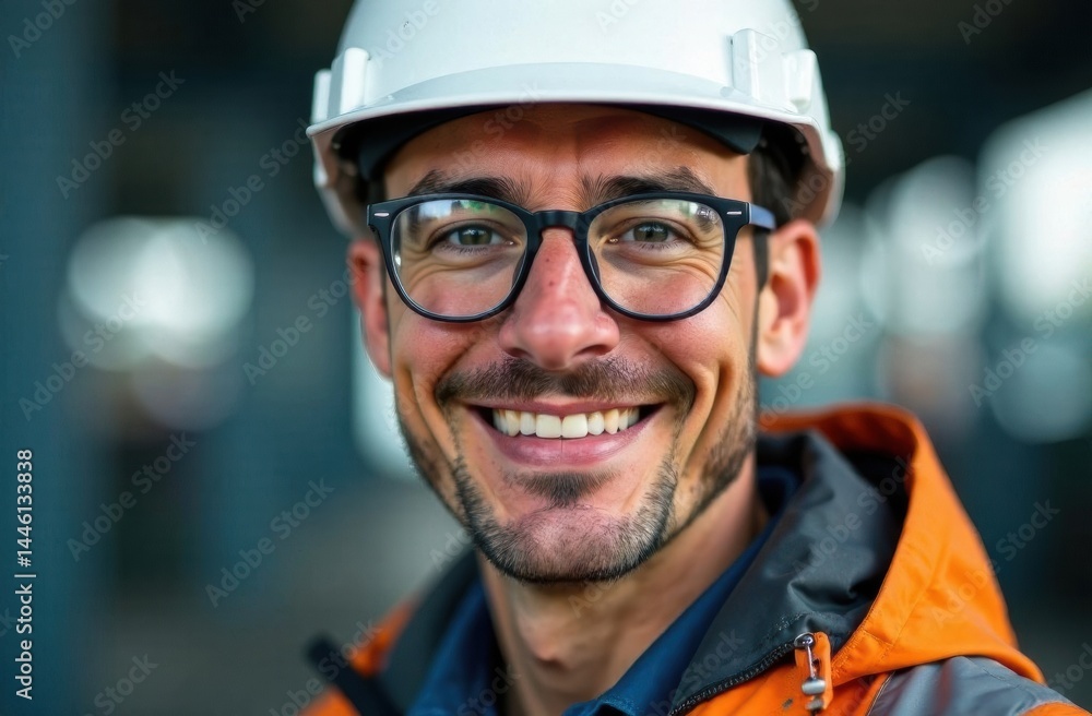 Smiling man in safety gear wearing glasses and a hard hat at a construction site during daylight hours Smiling man in safety gear wearing glasses and a hard hat at a construction site during daylight hours