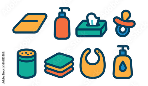 Flat vector icons of baby care essentials: diaper changing mat, baby lotion bottle, baby wipes pack, pacifier icon, baby powder tin, burp cloth stack, bib with velcro, gentle soap bottle.
