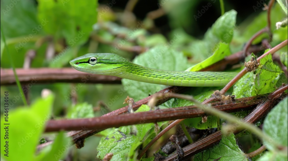 Emerald Green Snake Camouflaged Among Lush Vines and Twigs Emerald Green Snake Camouflaged Among Lush Vines and Twigs