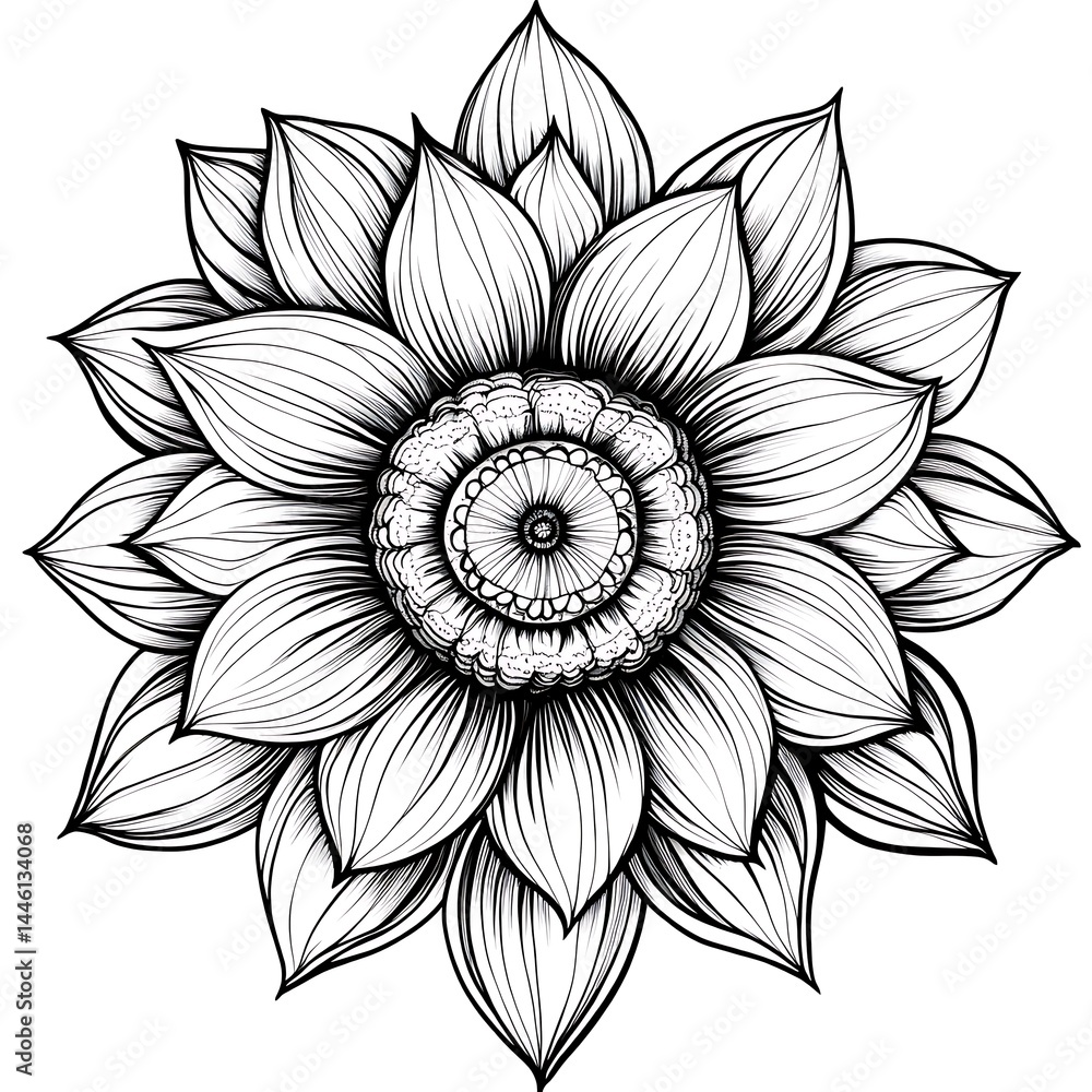 Fototapeta premium Zen sunflower mandala printable featuring detailed line work for peaceful coloring therapy, nature artwork, and crafts