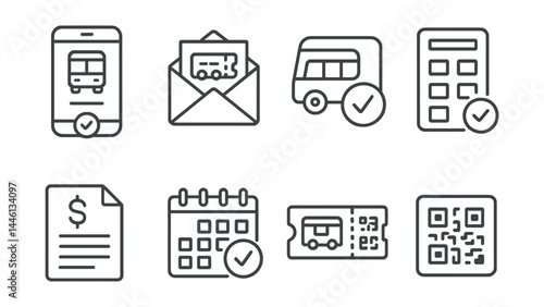 Line style icons of transport booking: booking screen, ticket email, trip confirmation, seat selector, fare breakdown, calendar slot, ticket scan, boarding code.