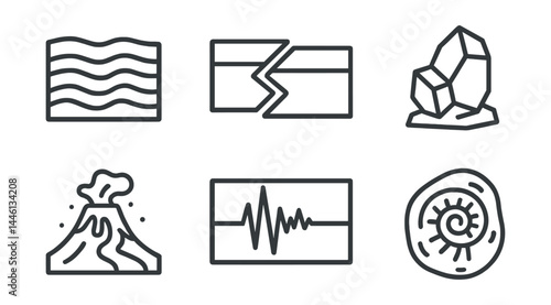 Line style icons of geological science: rock layer, tectonic icon, fault line, mineral sample, lava flow, earthquake graph, cave structure, fossil print.