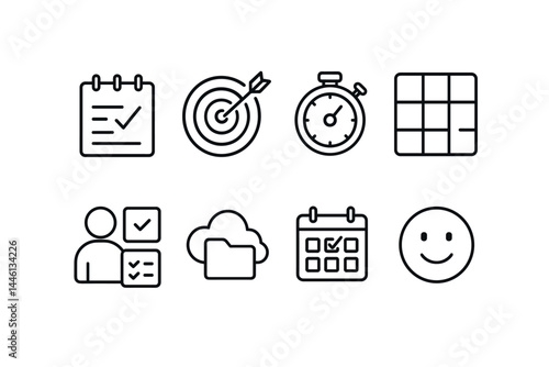 Line style icons of productivity apps: note taker, goal tracker, time focus app, digital board, task assigner, cloud files, habit tracker, mood tag.