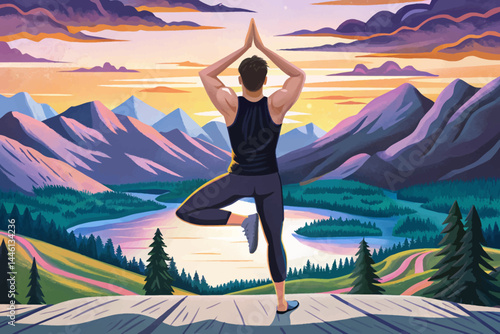 Amazing Back view of slim man in black sportswear doing yoga exercise in mountains. sunset time vector