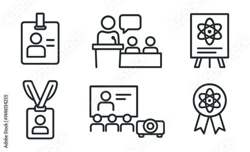 Line style icons of scientific conferences: name tag, speaker icon, panel table, poster board, badge lanyard, session room, slide projector, science badge.