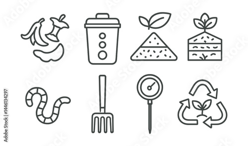 Line style icons of composting: food scraps, compost bin, green/brown ratio, decomposition stages, worm icon, aeration fork, compost thermometer, nutrient cycle.