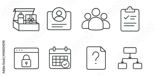 Line style icons of onboarding process: welcome kit, user profile, team intro, first task, access setup, calendar invite, help doc, training flow.