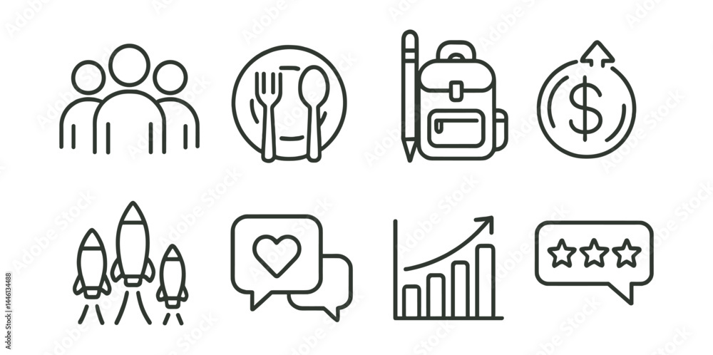 Line style icons of impact reporting: people helped icon, meals served, school supplies count, funds raised, projects launched, testimonials icon, graph impact, donor feedback. Line style icons of impact reporting: people helped icon, meals served, school supplies count, funds raised, projects launched, testimonials icon, graph impact, donor feedback.