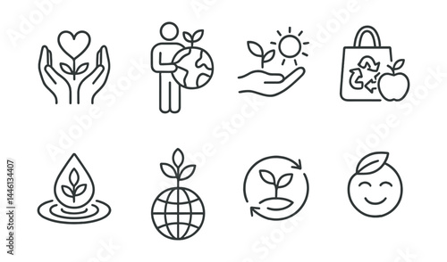 Line style icons of eco mindset: nature gratitude, stewardship icon, climate hope, daily choices, eco ripple, future focus, habit loop, responsible joy.