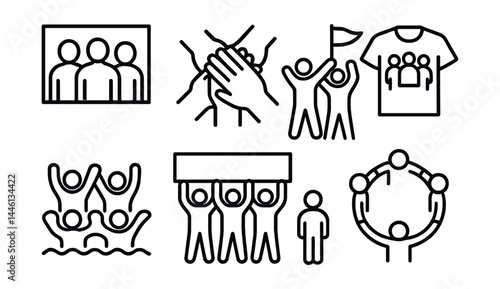Line style icons of team spirit: group photo, hand stack, shared goal, team t-shirt, community wave, banner lift, unity line, volunteer circle.