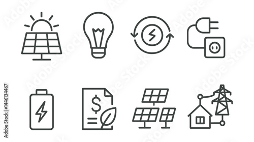 Line style icons of energy awareness: solar usage, LED bulb, thermostat control, unplug tip, power save, green energy bill, panel array, smart grid.