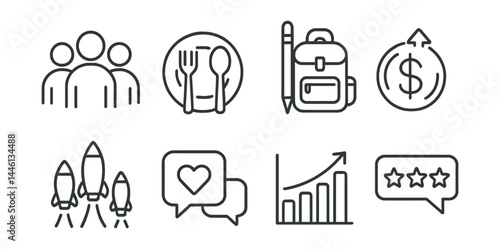 Line style icons of impact reporting: people helped icon, meals served, school supplies count, funds raised, projects launched, testimonials icon, graph impact, donor feedback.
