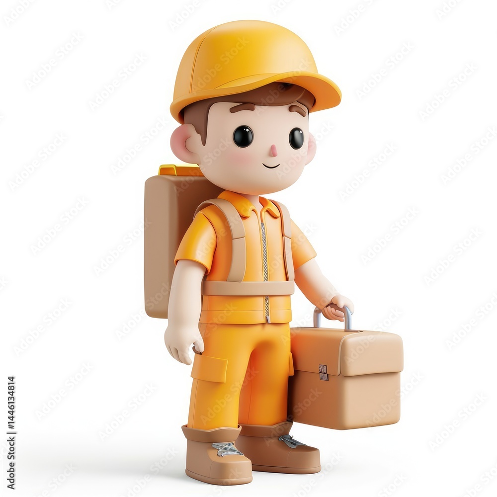 Cheerful cartoon worker carries tools and supplies. Cheerful cartoon worker carries tools and supplies.