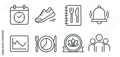 Line style icons of diabetic wellness habits: routine tracker, step goal, food diary, meal reminder bell, glucose chart icon, portion habit, mindful eat badge, support group icon.